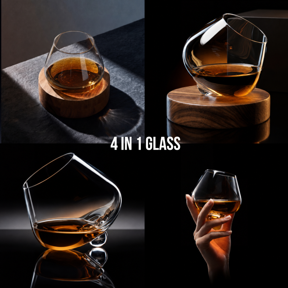 Kami Rotating Crystal Whisky Glass & Wooden Coaster - TsukiGlass