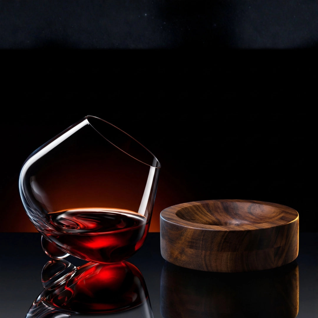 Kami Rotating Crystal Wine Glass & Wooden Coaster - TsukiGlass