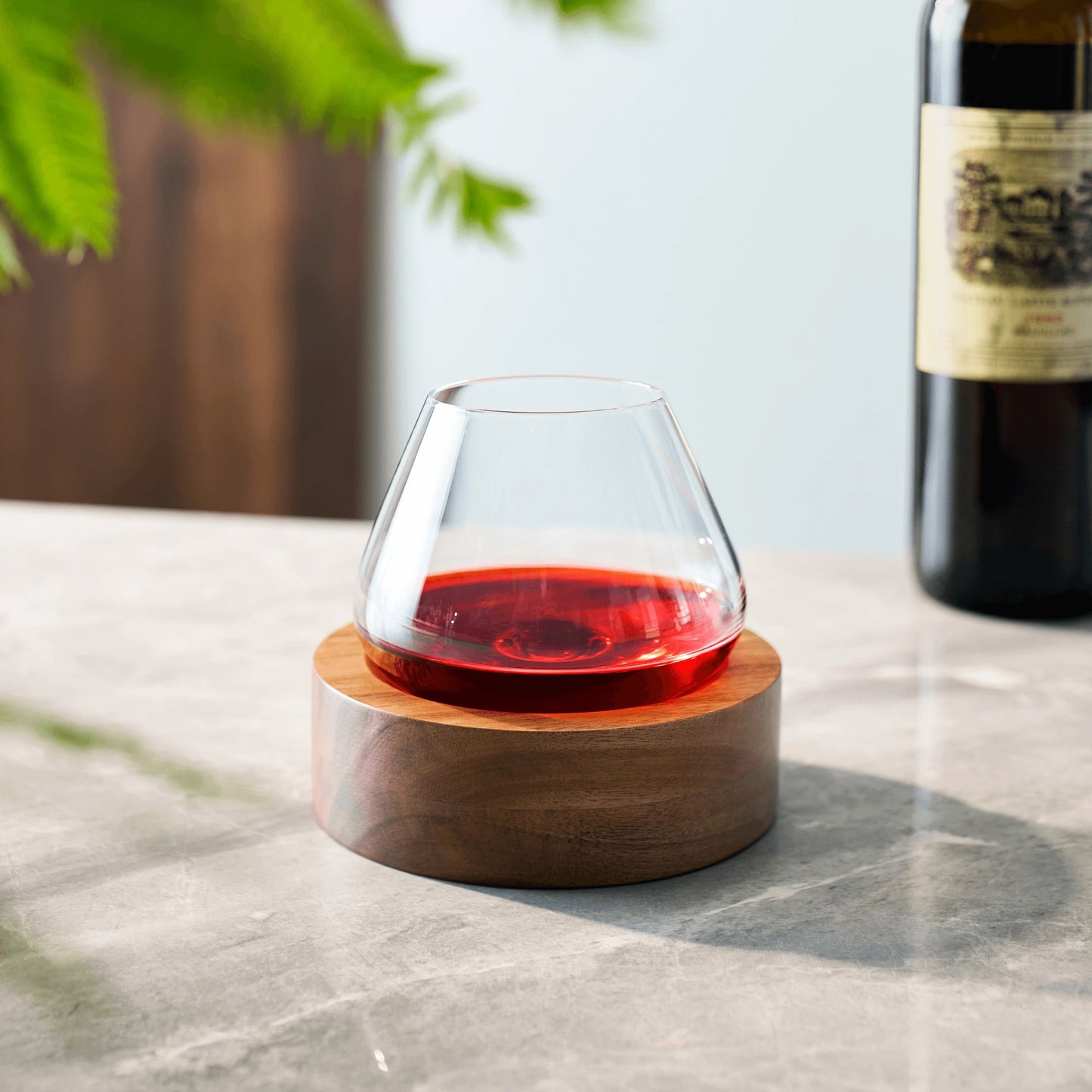 Kami Rotating Crystal Wine Glass & Wooden Coaster