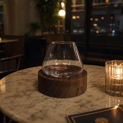 Kami Rotating Crystal Wine Glass & Wooden Coaster - TsukiGlass