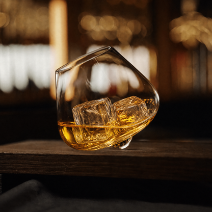 Kami Rotating Crystal Whisky Glass & Wooden Coaster - TsukiGlass