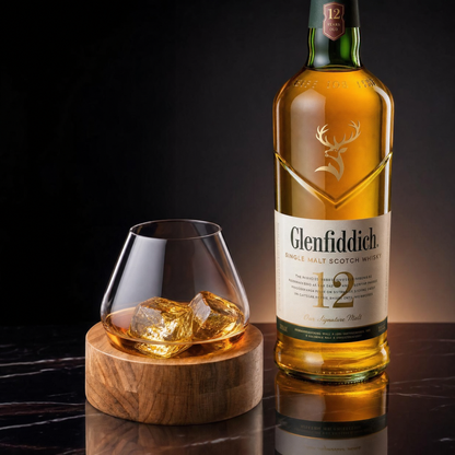 Kami Rotating Crystal Whisky Glass & Wooden Coaster - TsukiGlass