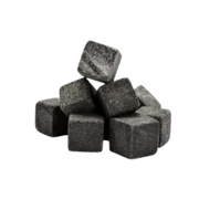 A pile of gray whiskey stones stacked in a pyramid shape.
