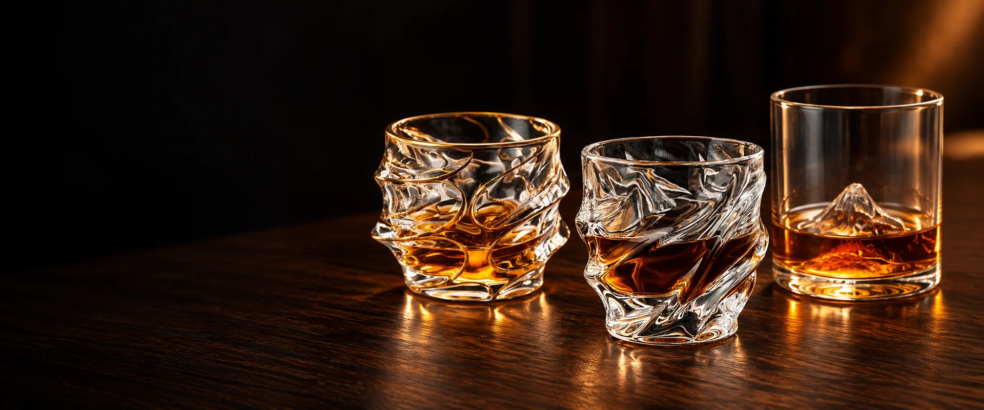 Gold Line Storm, Nami and Mount Fuji crystal whisky glasses