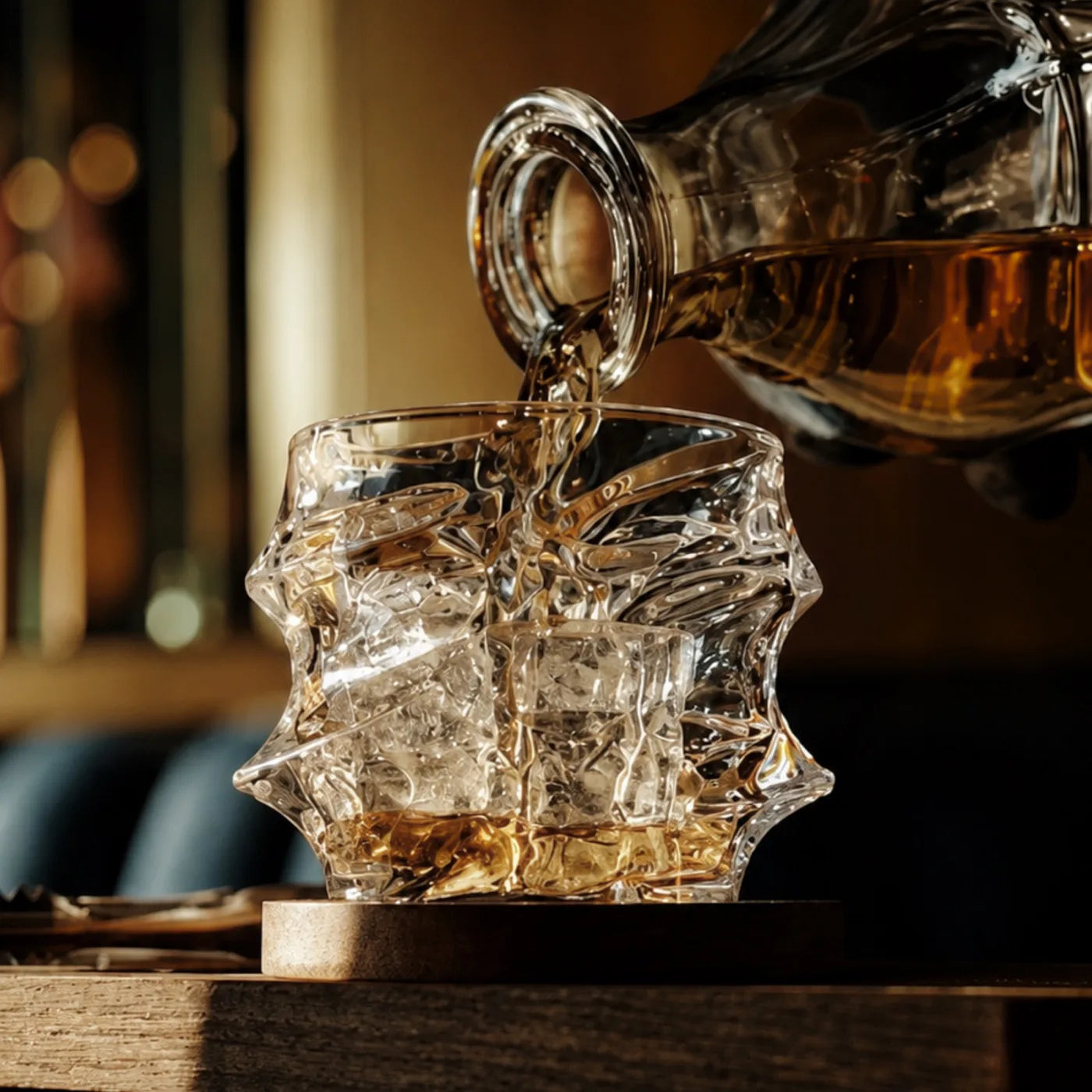 Whisky poured into a sculptural TsukiGlass Storm glass