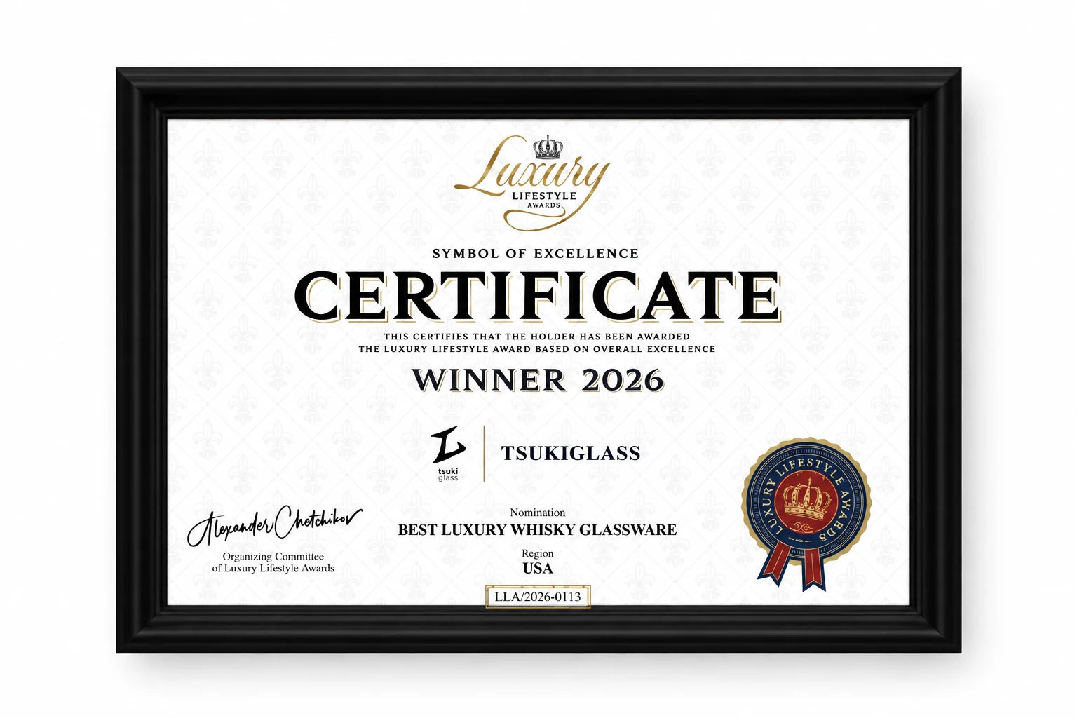 Black-framed TsukiGlass Luxury Lifestyle Awards certificate — Winner 2026, Best Luxury Whisky Glassware