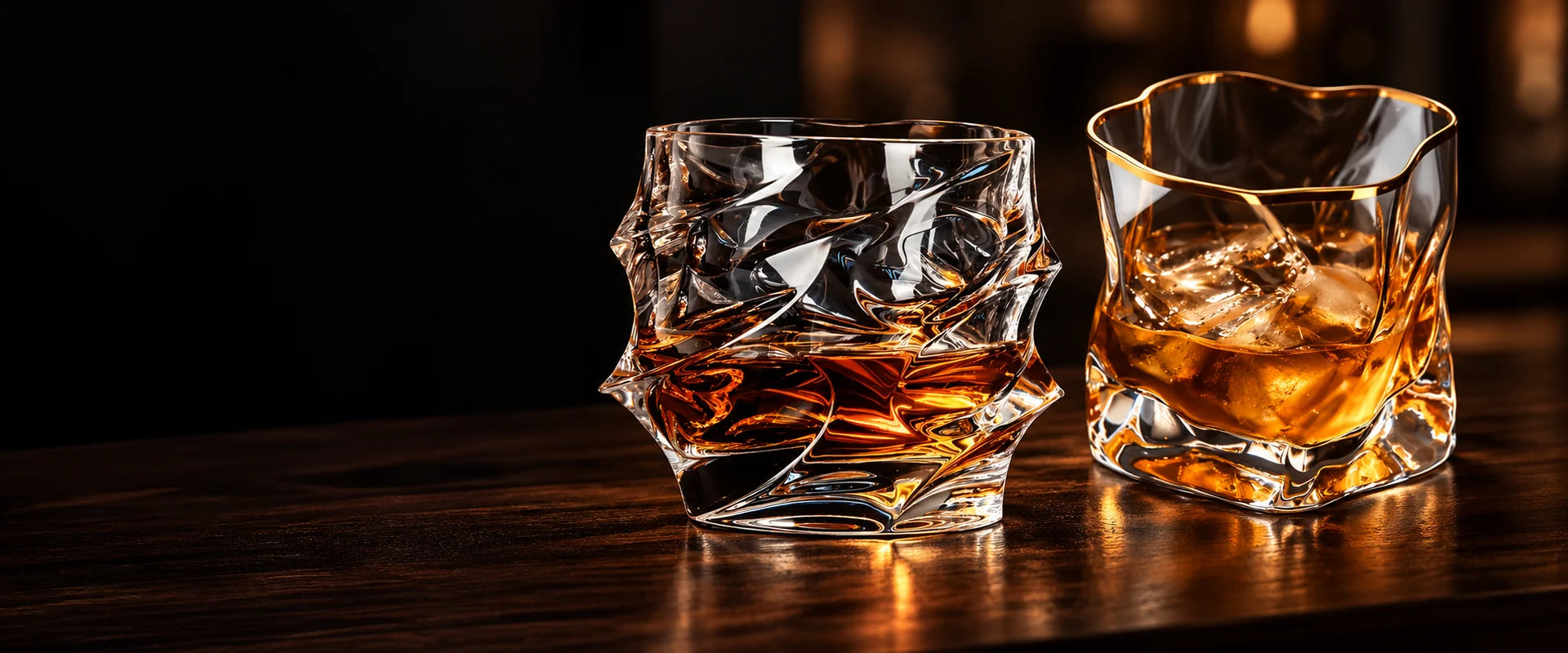 Storm and gold-rimmed Hoshi whisky glasses on a dark wooden bar