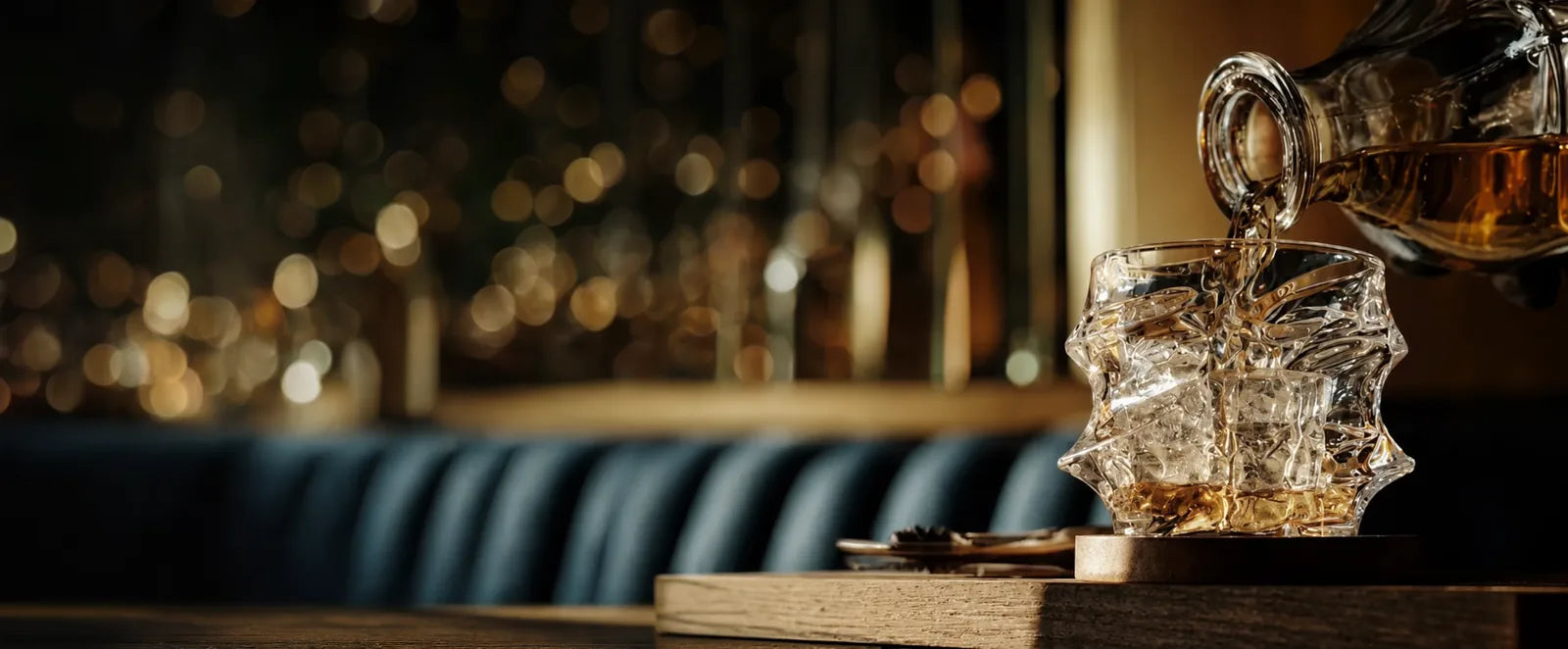 Whisky poured from a crystal decanter into a Storm glass